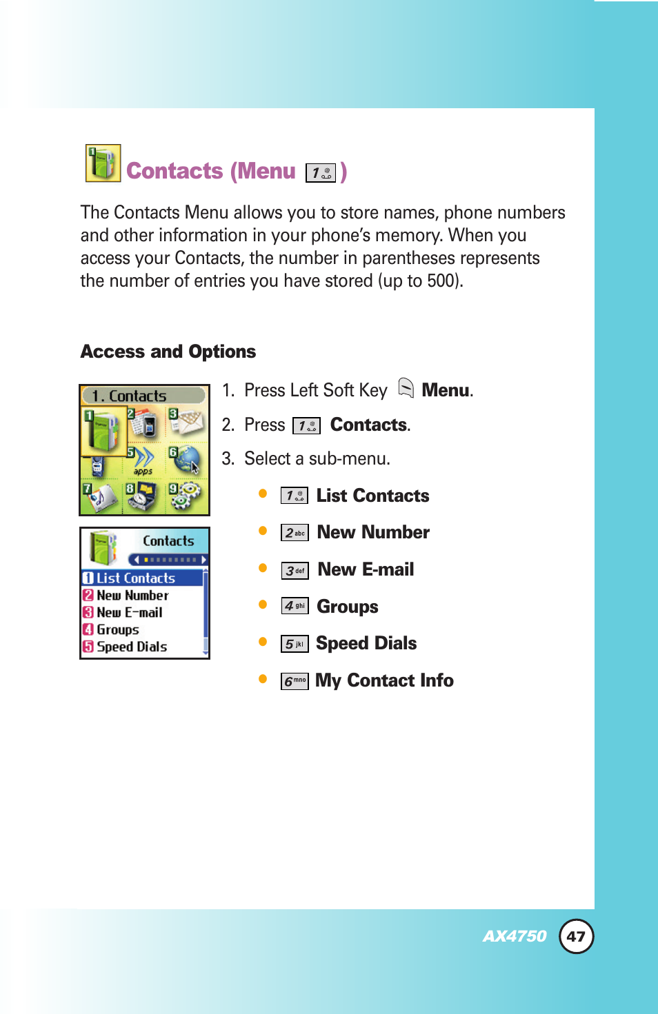 Contacts (menu ) | LG AX4750 User Manual | Page 47 / 137