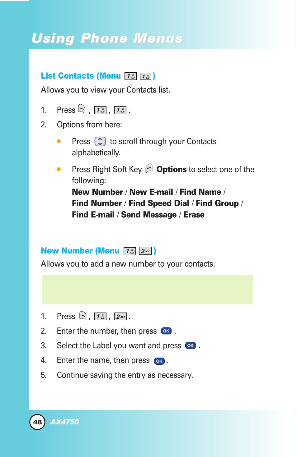 Using phone menus | LG AX4750 User Manual | Page 48 / 137