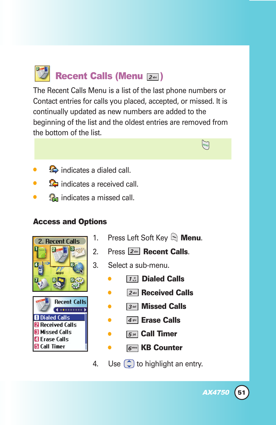 Recent calls (menu ) | LG AX4750 User Manual | Page 51 / 137