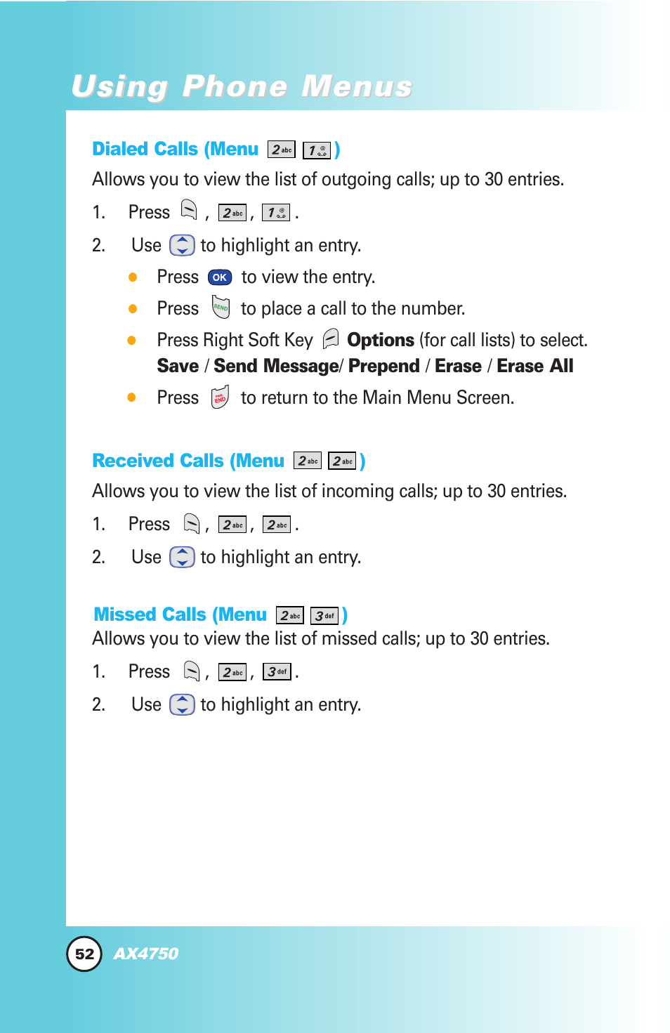 Using phone menus | LG AX4750 User Manual | Page 52 / 137