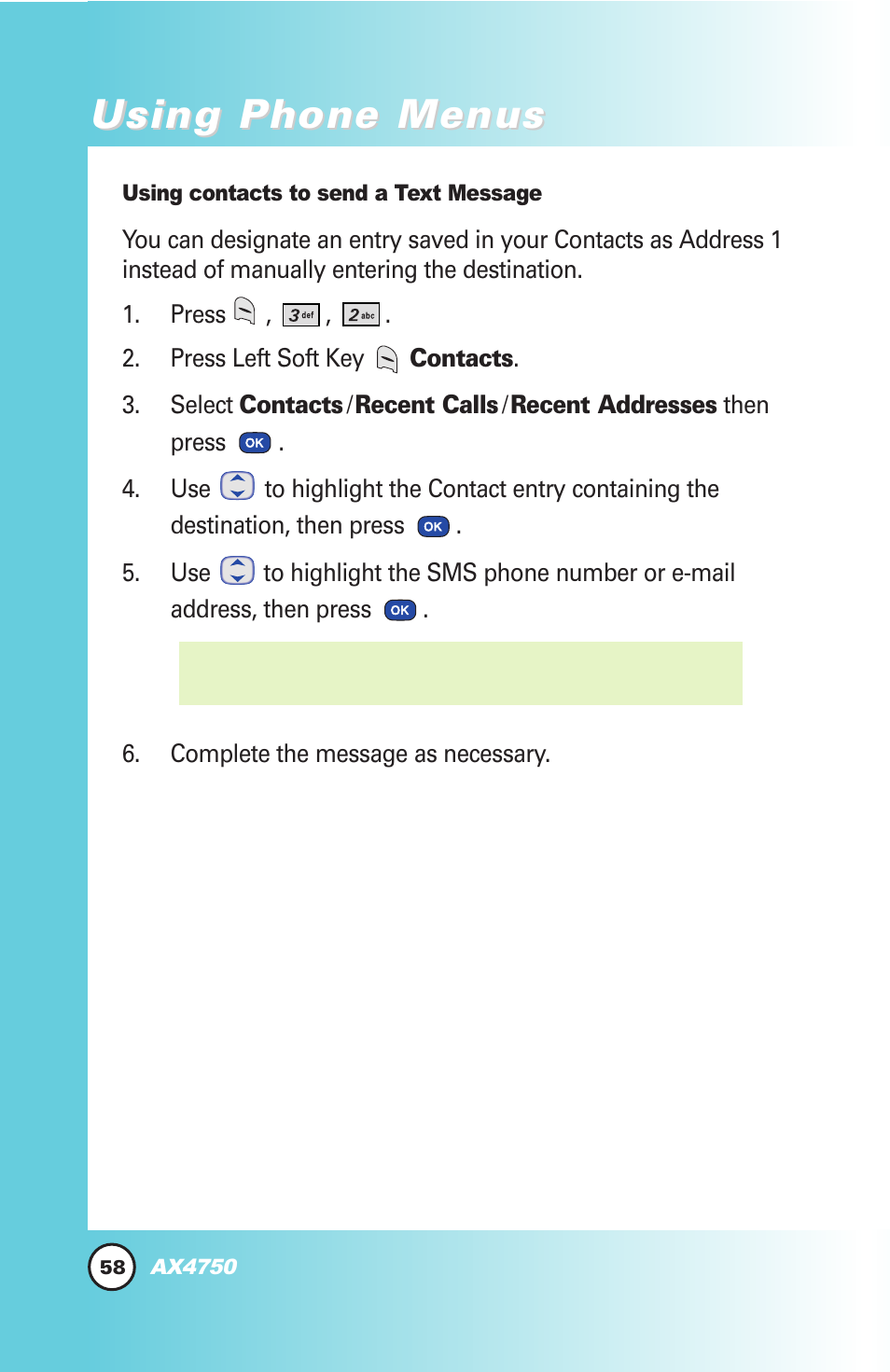 Using phone menus | LG AX4750 User Manual | Page 58 / 137