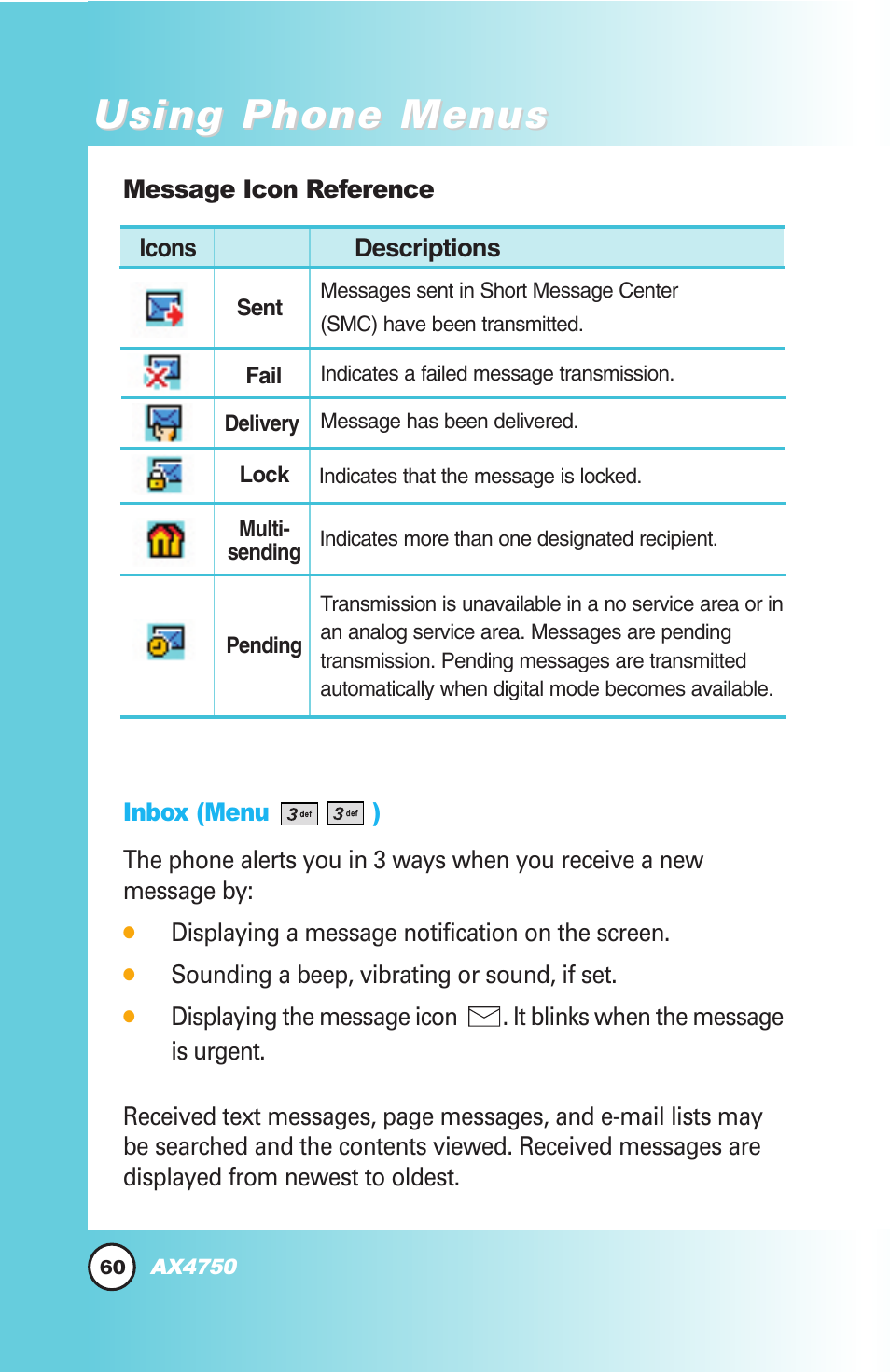 Using phone menus | LG AX4750 User Manual | Page 60 / 137