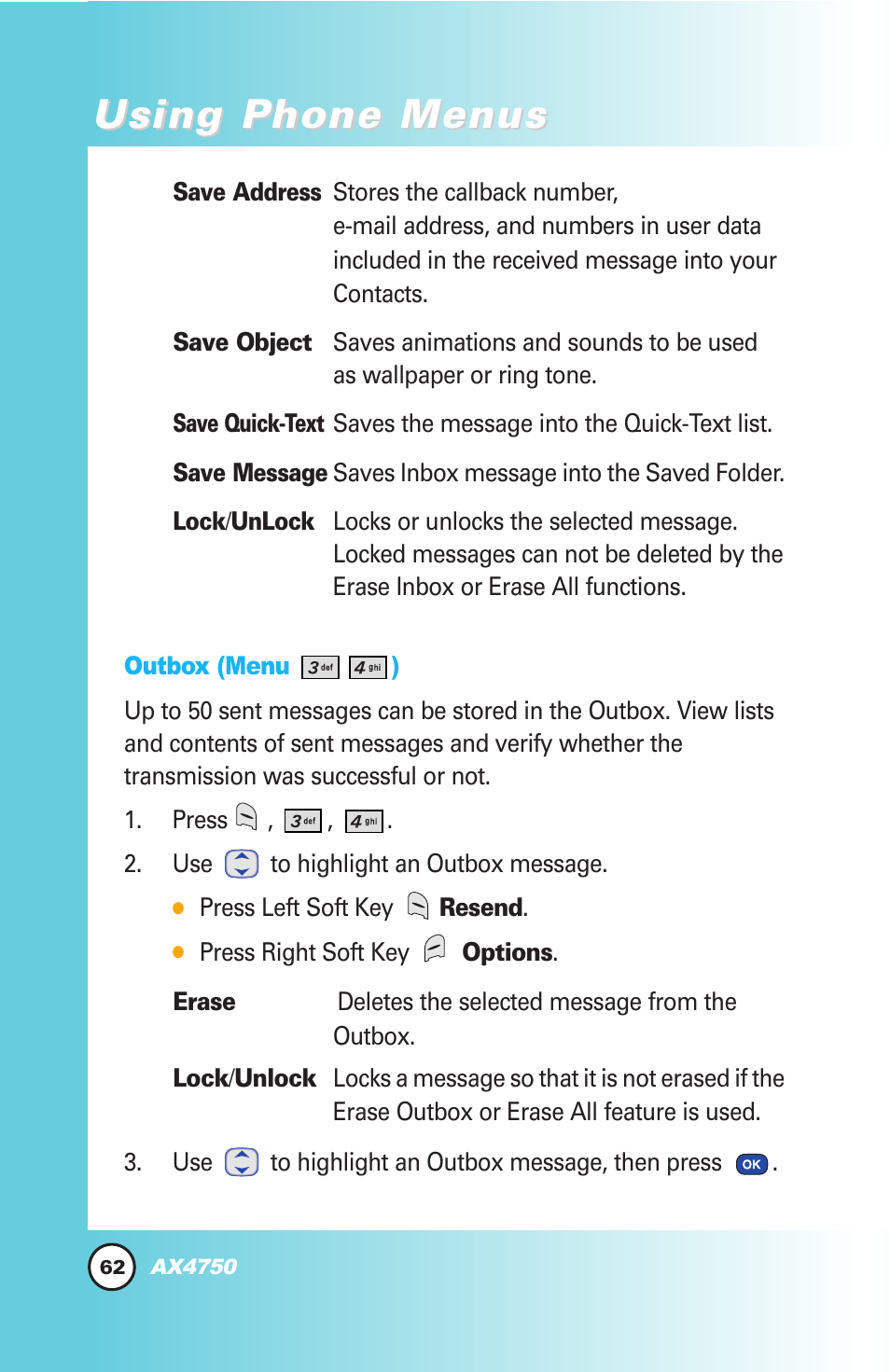 Using phone menus | LG AX4750 User Manual | Page 62 / 137