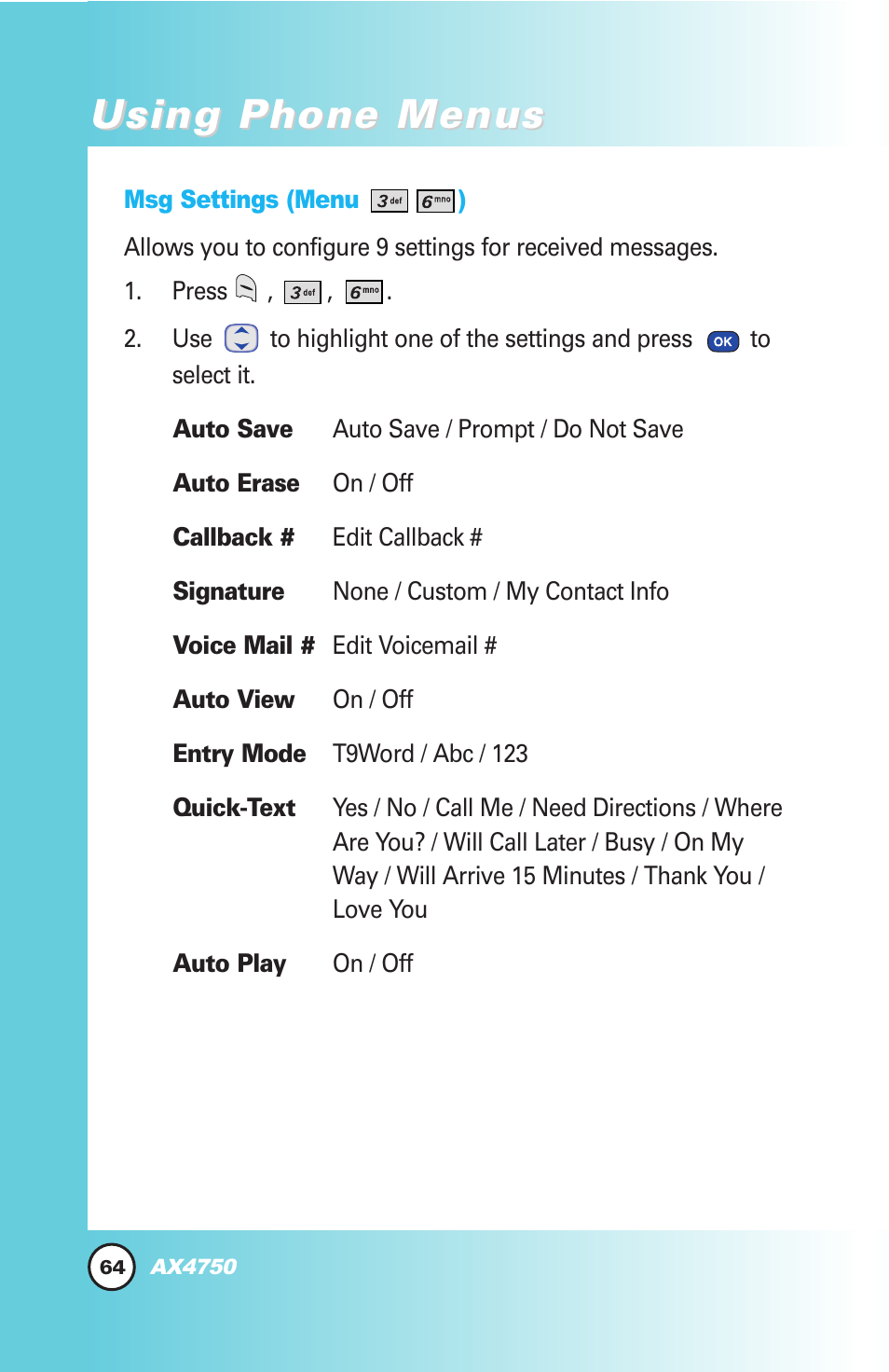 Using phone menus | LG AX4750 User Manual | Page 64 / 137