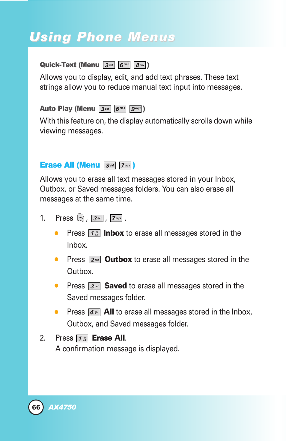 Using phone menus | LG AX4750 User Manual | Page 66 / 137