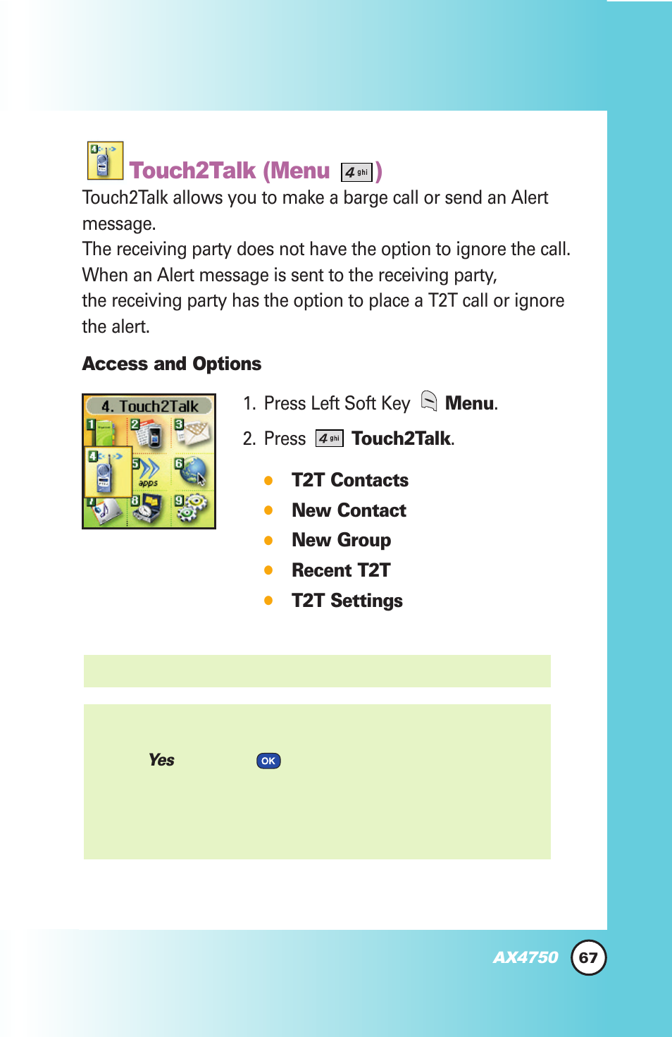 Touch2talk (menu ) | LG AX4750 User Manual | Page 67 / 137