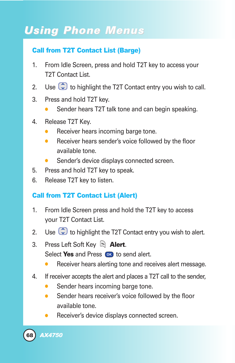 Using phone menus | LG AX4750 User Manual | Page 68 / 137