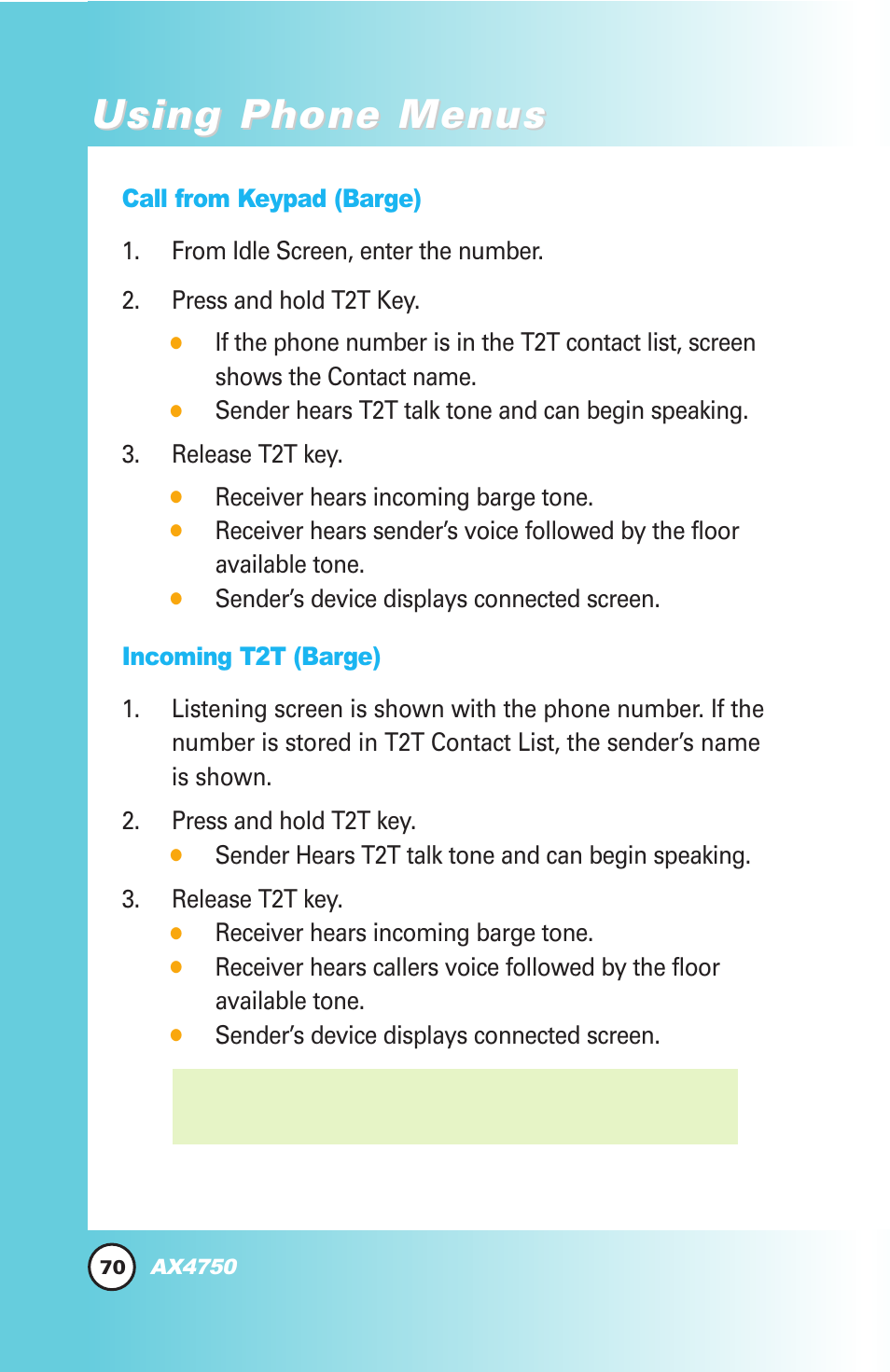 Using phone menus | LG AX4750 User Manual | Page 70 / 137