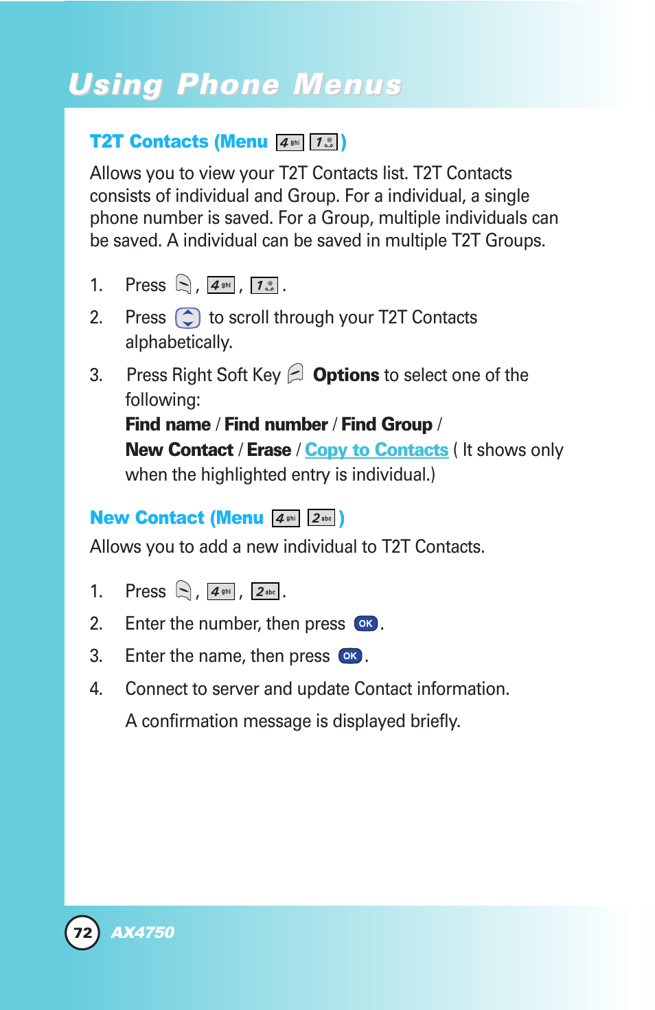 Using phone menus | LG AX4750 User Manual | Page 72 / 137