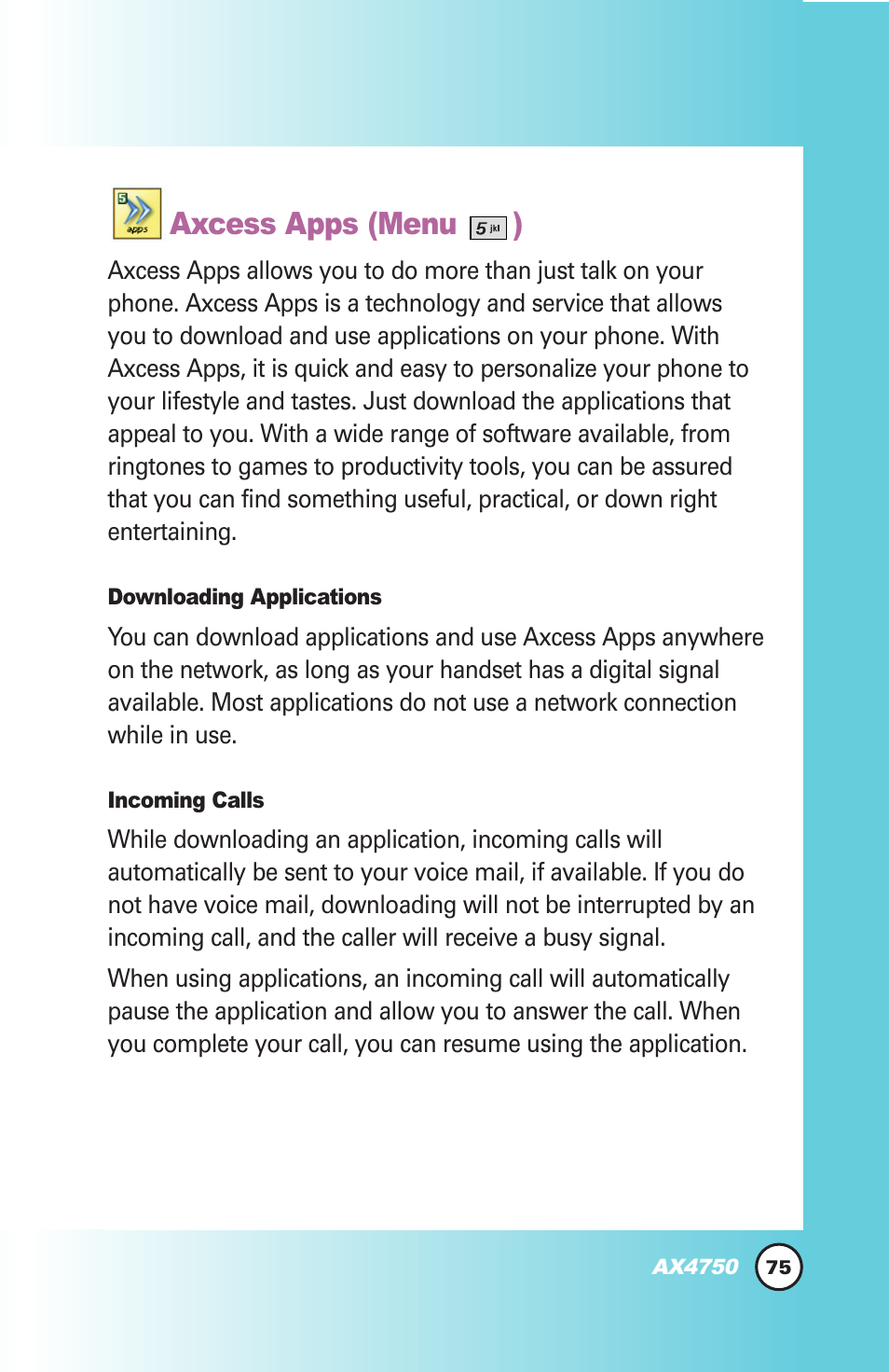 Axcess apps (menu ) | LG AX4750 User Manual | Page 75 / 137