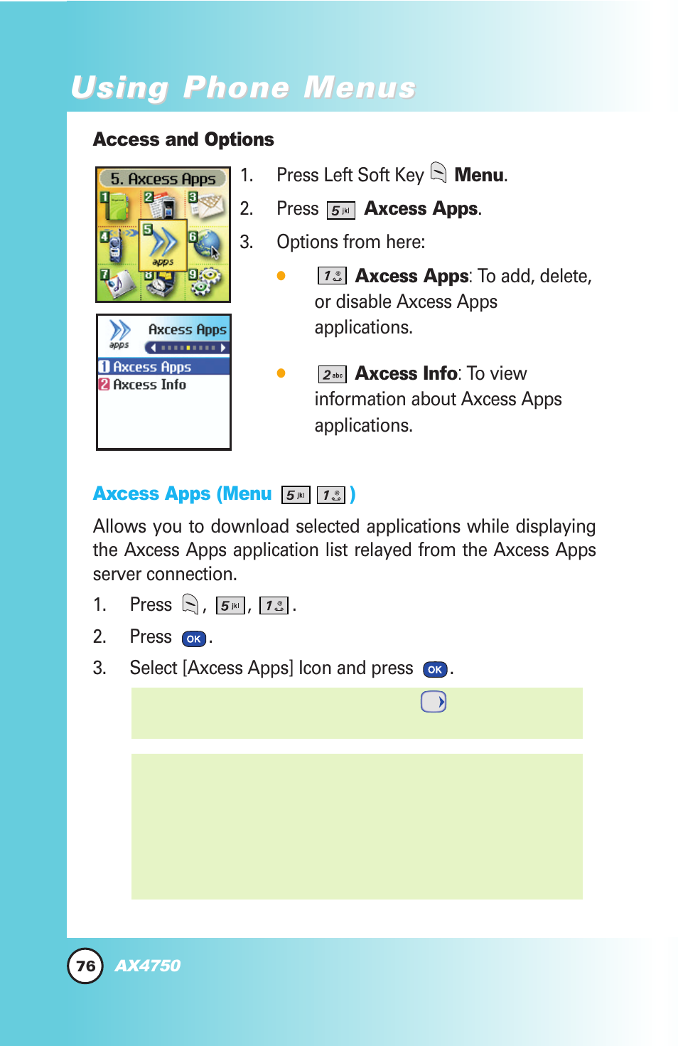 Using phone menus | LG AX4750 User Manual | Page 76 / 137