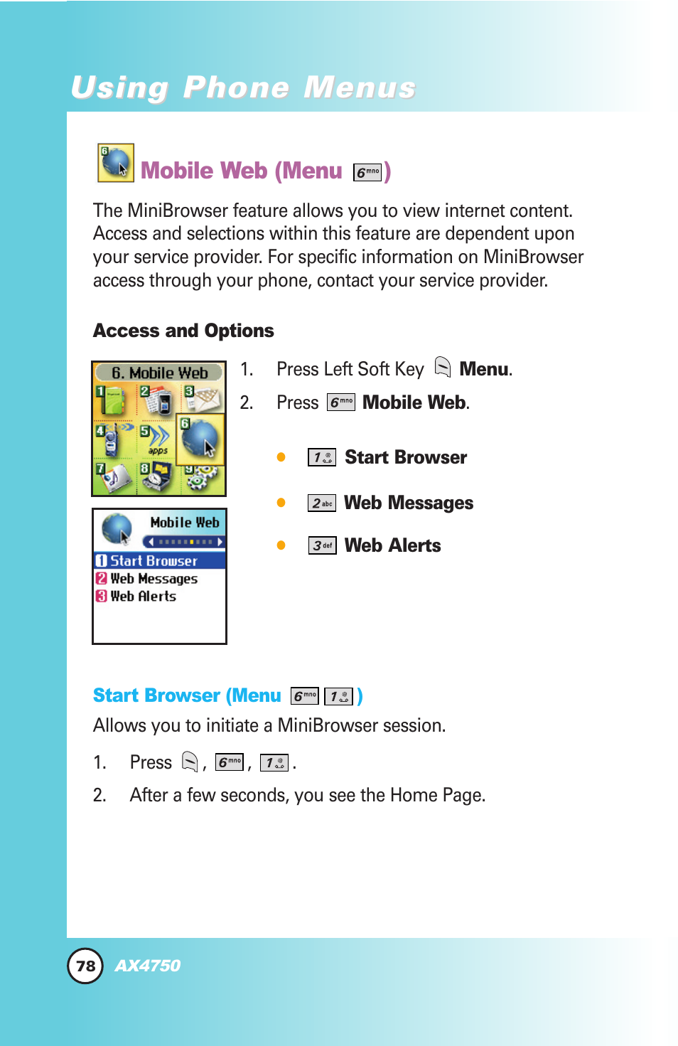 Using phone menus, Mobile web (menu ) | LG AX4750 User Manual | Page 78 / 137