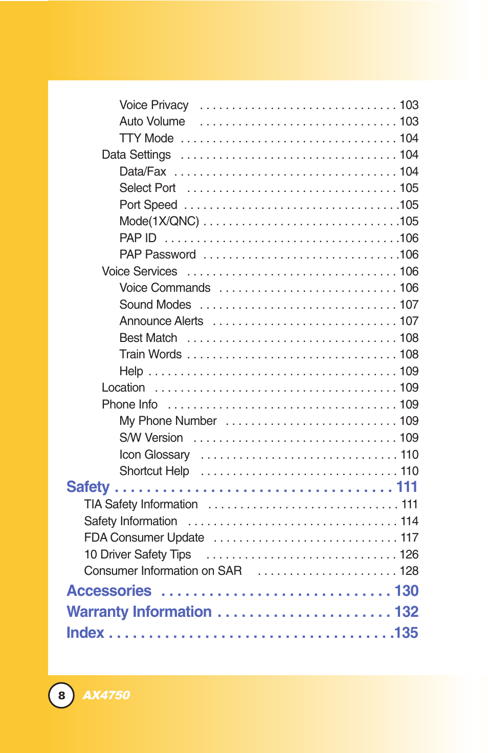 Safety, Accessories warranty information index | LG AX4750 User Manual | Page 8 / 137