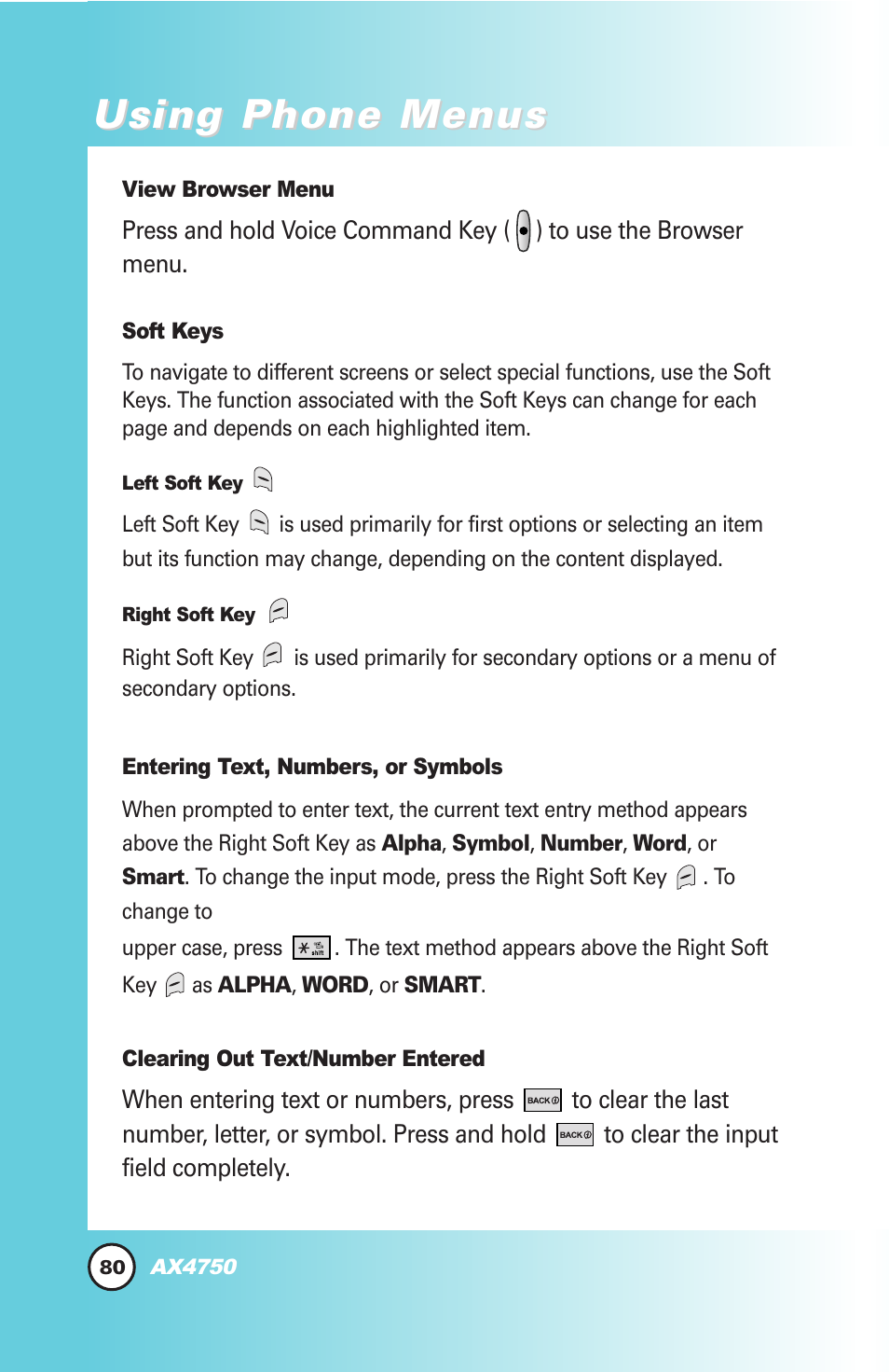 Using phone menus | LG AX4750 User Manual | Page 80 / 137