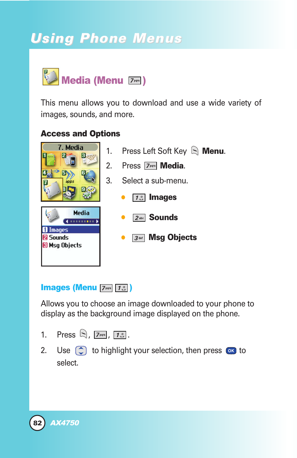 Using phone menus, Media (menu ) | LG AX4750 User Manual | Page 82 / 137