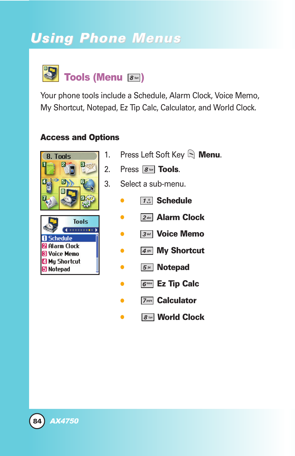 Using phone menus, Tools (menu ) | LG AX4750 User Manual | Page 84 / 137