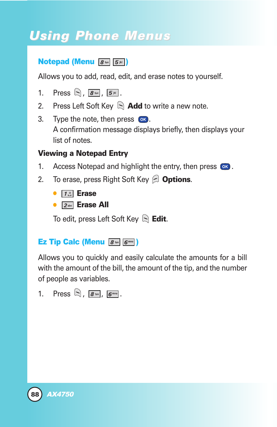 Using phone menus | LG AX4750 User Manual | Page 88 / 137