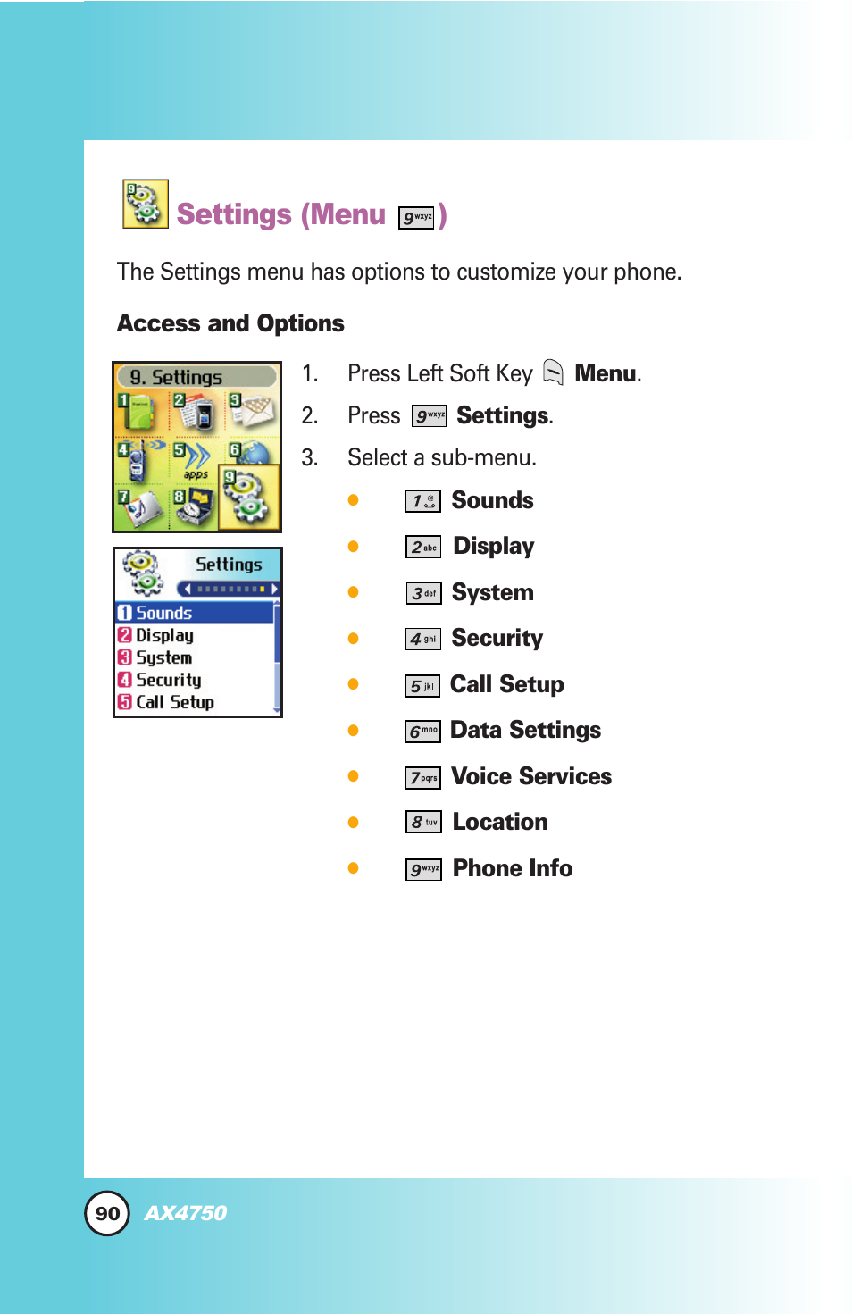 Settings (menu ) | LG AX4750 User Manual | Page 90 / 137