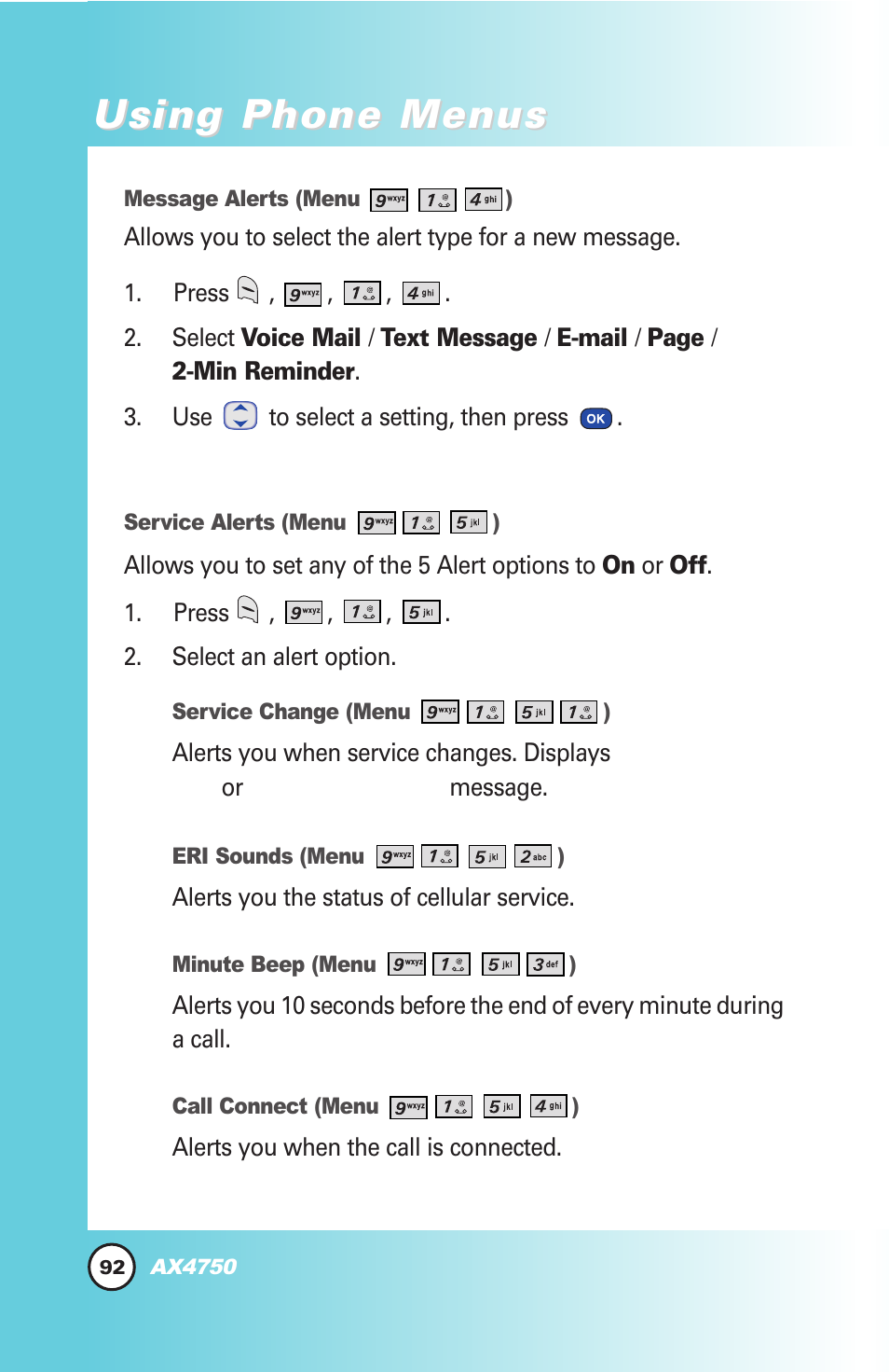 Using phone menus | LG AX4750 User Manual | Page 92 / 137