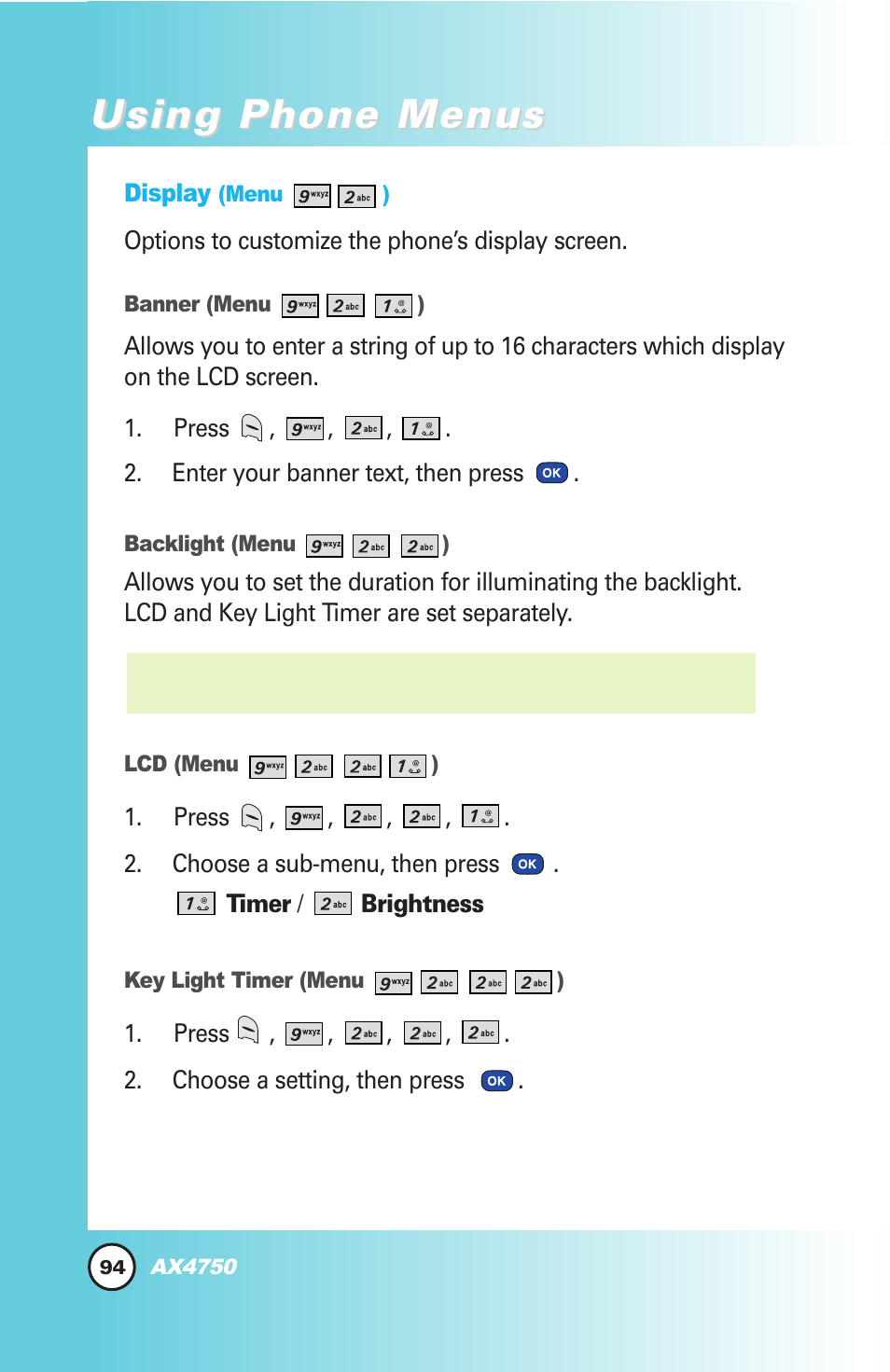 Using phone menus | LG AX4750 User Manual | Page 94 / 137