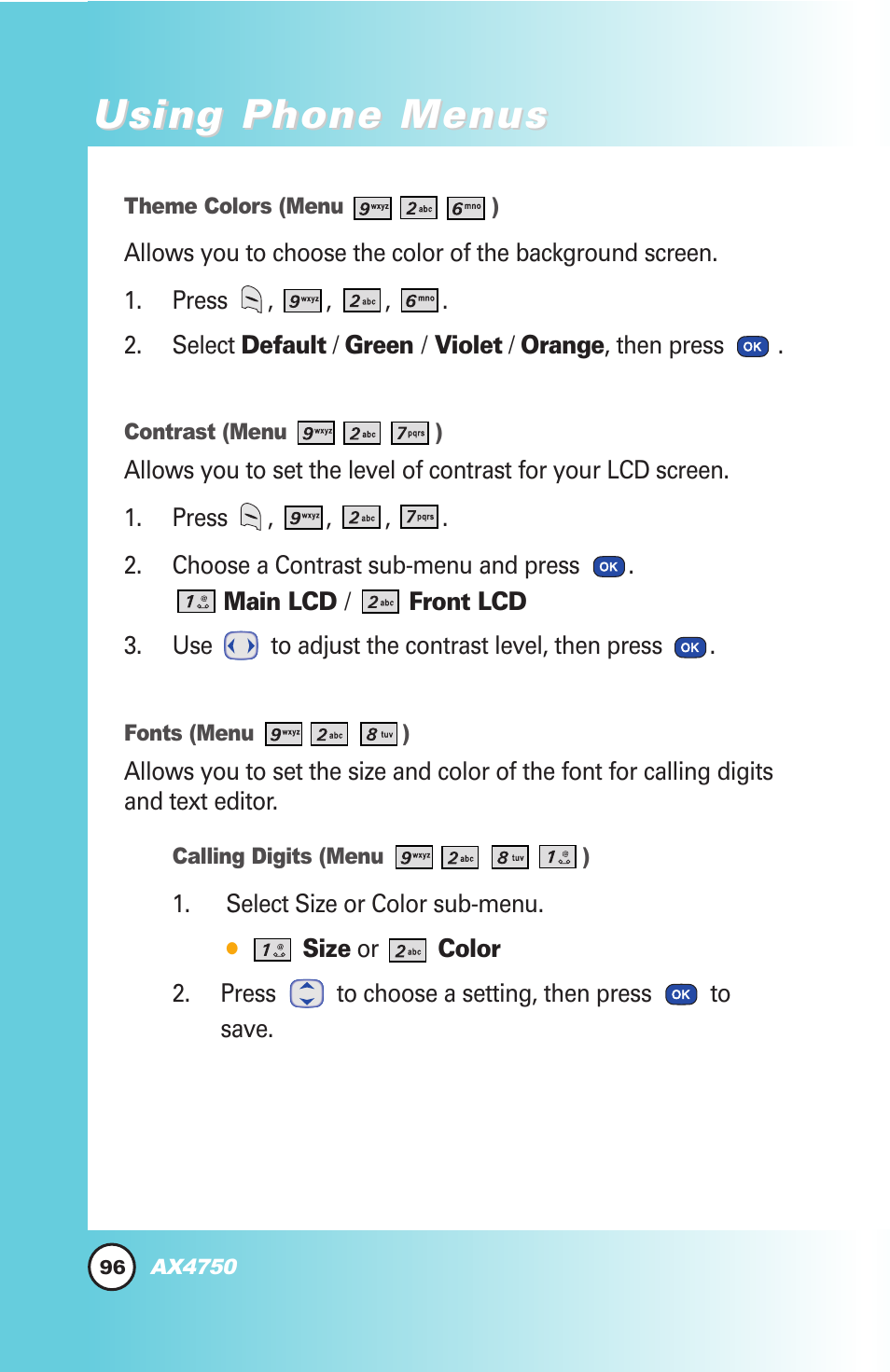 Using phone menus | LG AX4750 User Manual | Page 96 / 137