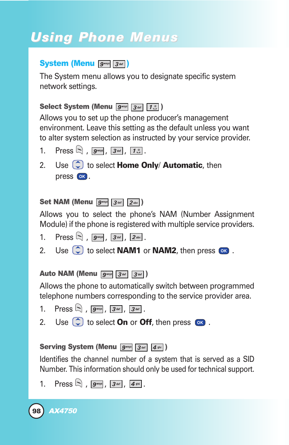 Using phone menus | LG AX4750 User Manual | Page 98 / 137