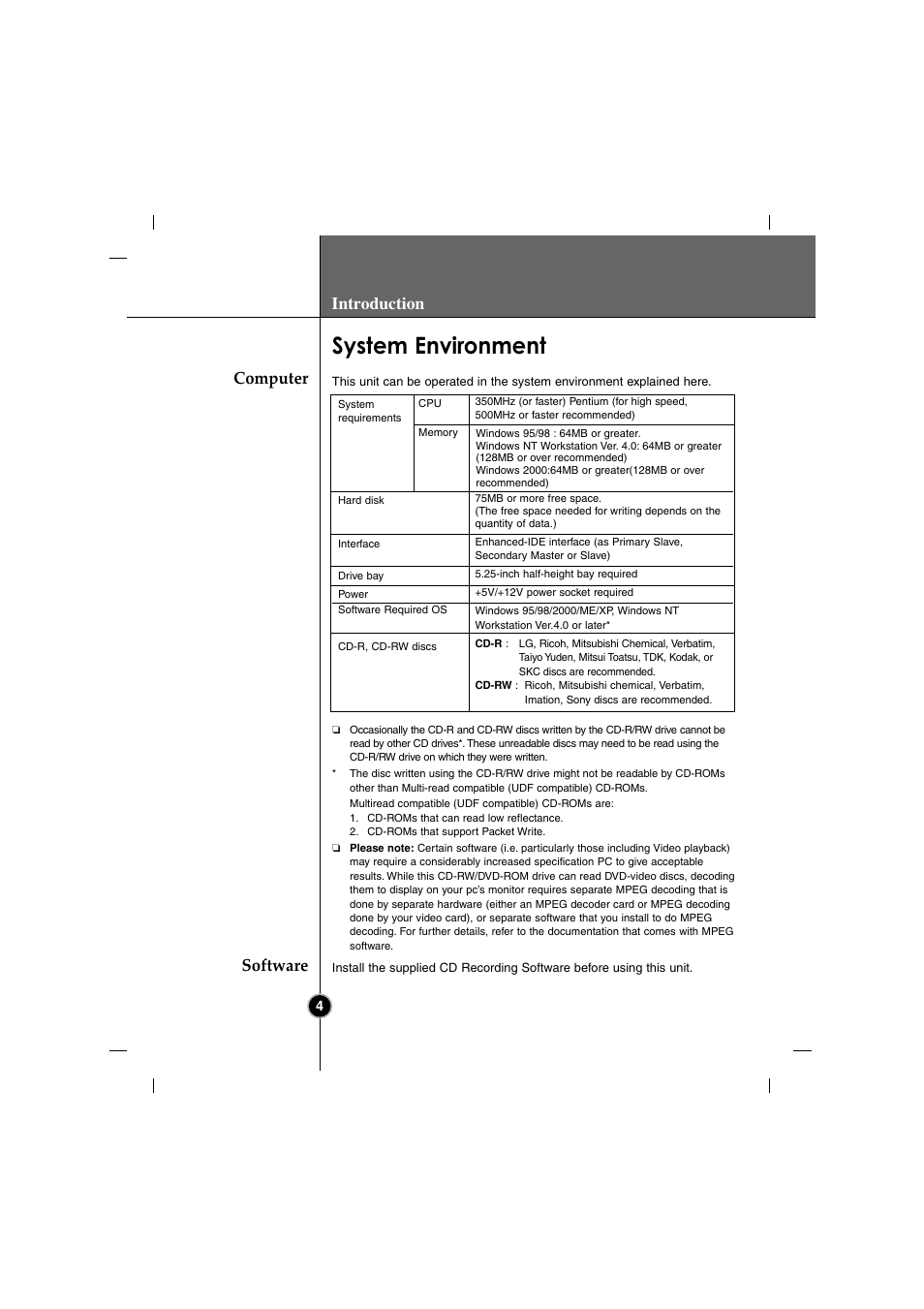 System environment, Directcd, V2.5b(s) | Introduction, Computer software | LG GCC-4480B User Manual | Page 7 / 18