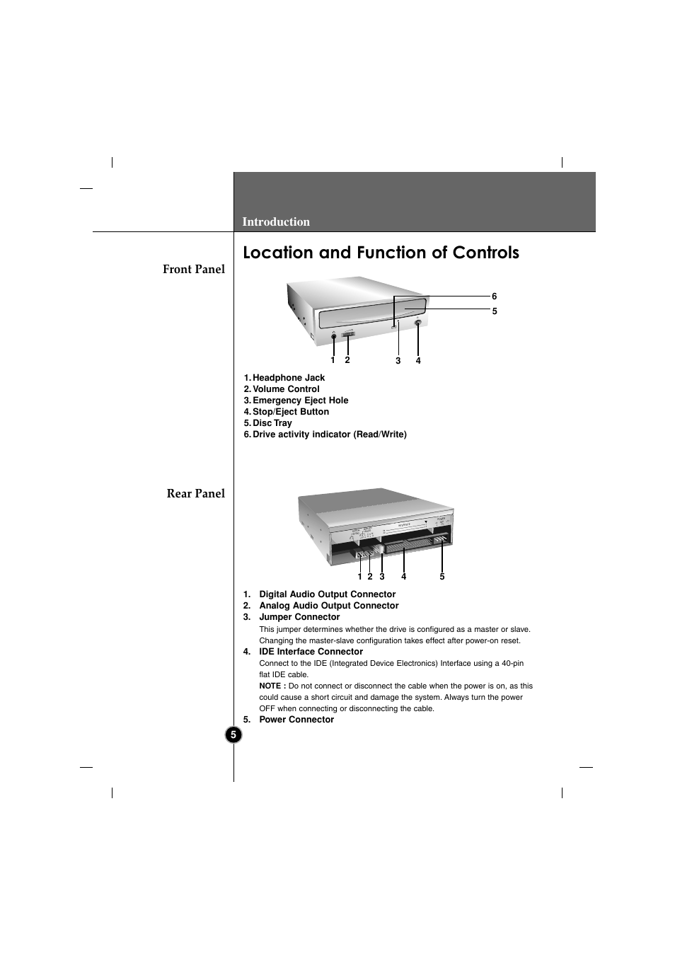 Location and function of controls, Directcd, V2.5b(s) | Introduction, Front panel rear panel | LG GCC-4480B User Manual | Page 8 / 18