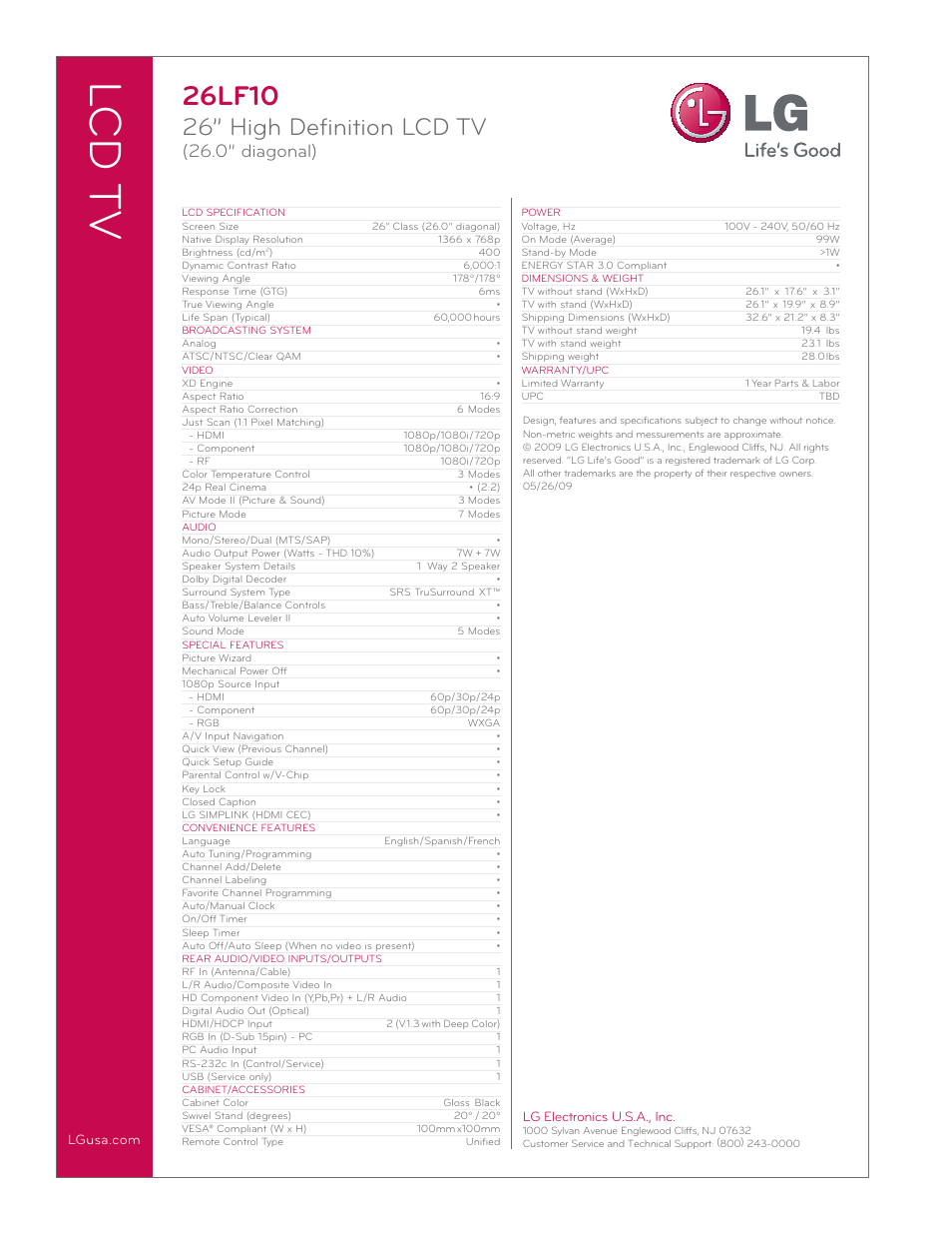 Lcd t v, 26lf10, 26” high definition lcd tv | 0” diagonal), Lg electronics u.s.a., inc | LG 26LF10 User Manual | Page 2 / 2