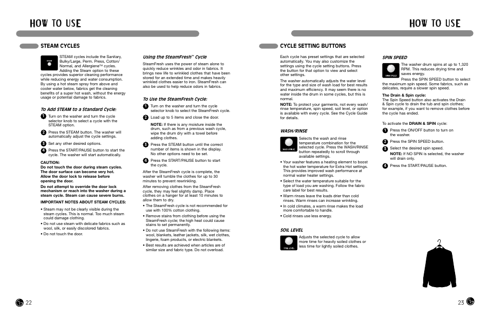 H o w to u s e, Cycle setting buttons, Steam cycles | LG WM3988H** User Manual | Page 12 / 41