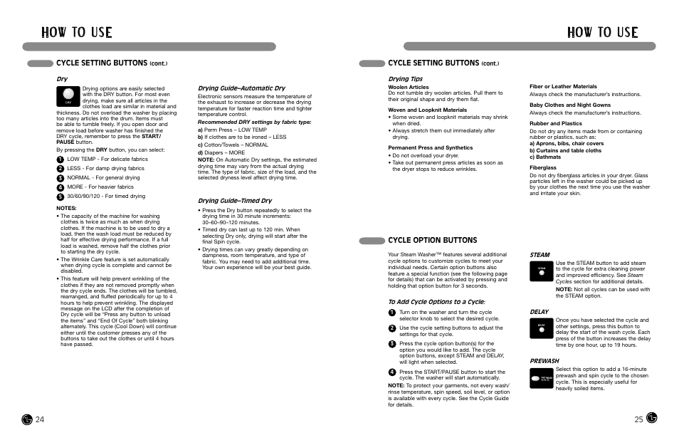 H o w to u s e, Cycle setting buttons, Cycle option buttons | LG WM3988H** User Manual | Page 13 / 41