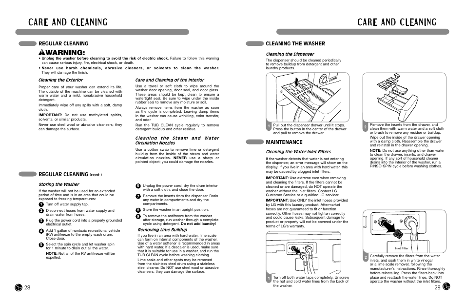 Wwarning, Maintenance cleaning the washer, Regular cleaning | LG WM3988H** User Manual | Page 15 / 41