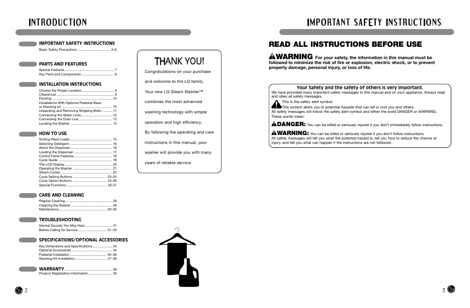 Wwarning, Read all instructions before use, Wdanger | LG WM3988H** User Manual | Page 2 / 41