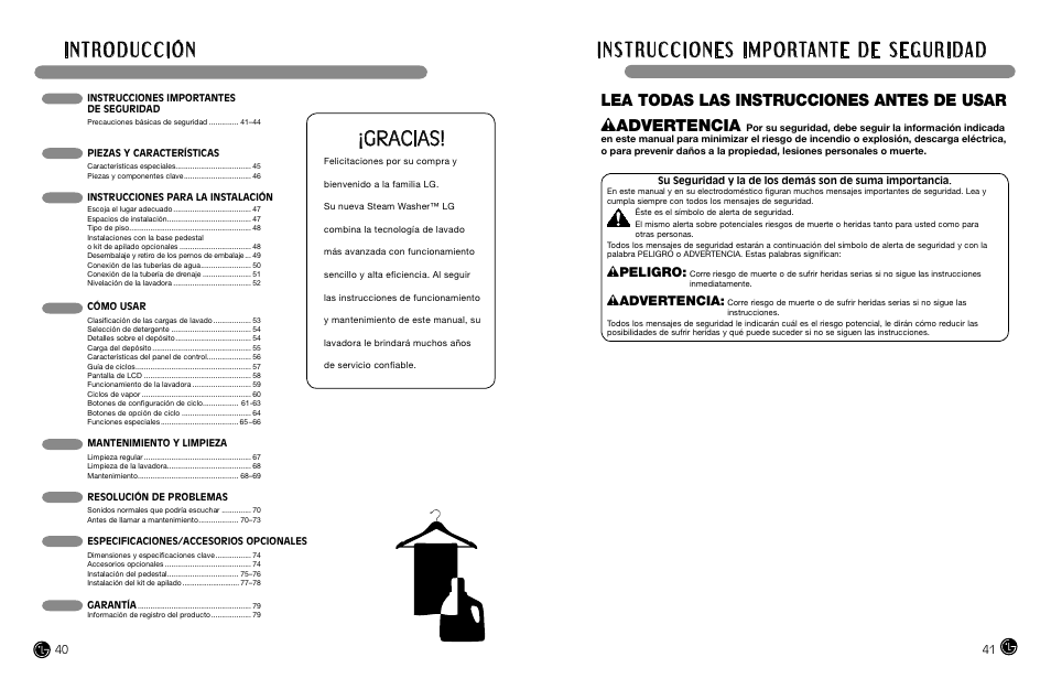 Gracias, Lea todas las instrucciones antes de usar, Wpeligro | Wadvertencia | LG WM3988H** User Manual | Page 21 / 41