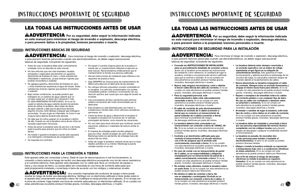 Wadvertencia, Lea todas las instrucciones antes de usar, Instrucciones básicas de seguridad | Instrucciones de seguridad para la instalación, Instrucciones para la conexión a tierra | LG WM3988H** User Manual | Page 22 / 41