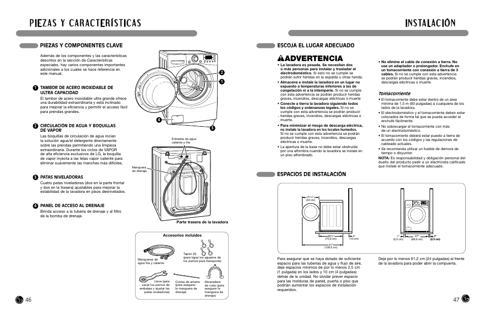 Wadvertencia, Escoja el lugar adecuado espacios de instalación, Piezas y componentes clave | LG WM3988H** User Manual | Page 24 / 41