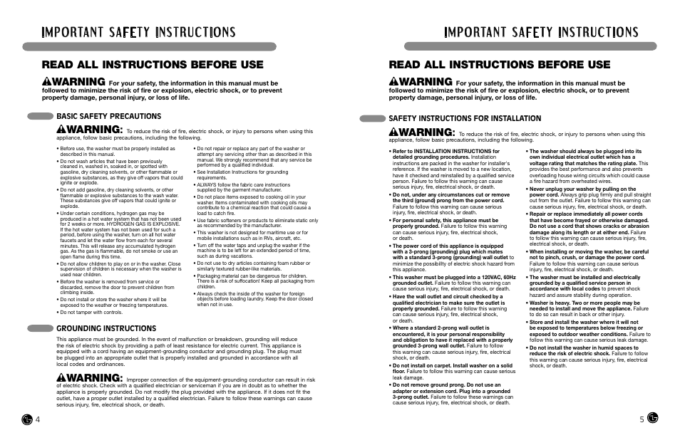 Wwarning, Read all instructions before use, Safety instructions for installation | Basic safety precautions, Grounding instructions | LG WM3988H** User Manual | Page 3 / 41