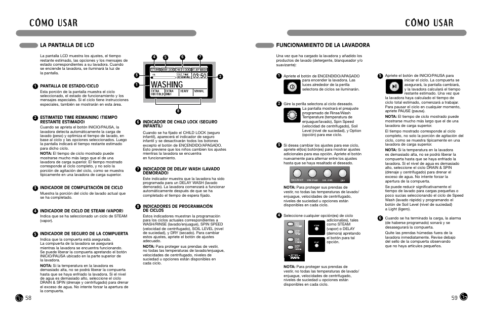 La pantalla de lcd, Funcionamiento de la lavadora | LG WM3988H** User Manual | Page 30 / 41