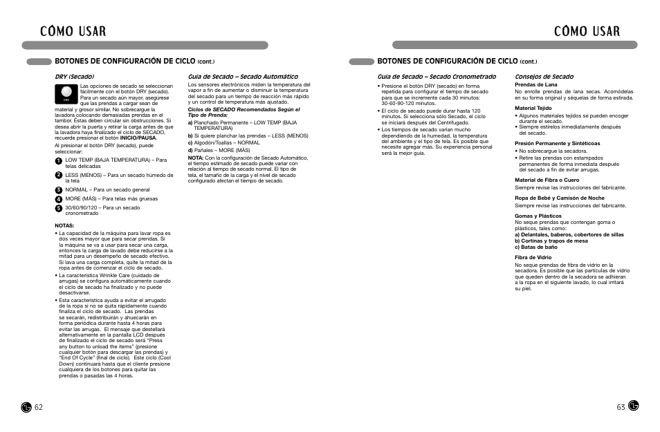 Botones de configuración de ciclo | LG WM3988H** User Manual | Page 32 / 41