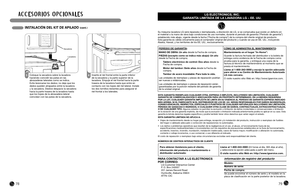 N ota s, Instalación del kit de apilado | LG WM3988H** User Manual | Page 40 / 41