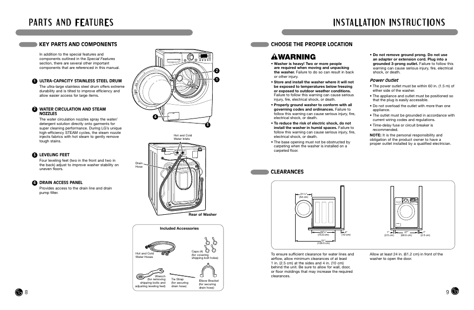 Wwarning, Choose the proper location clearances, Key parts and components | LG WM3988H** User Manual | Page 5 / 41