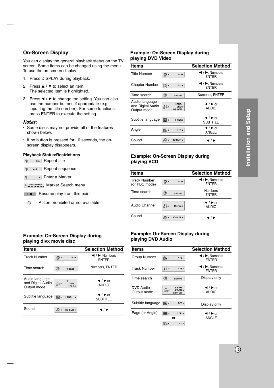 Installation and setup, On-screen display, Selection method | Items | LG DVB418 User Manual | Page 13 / 36