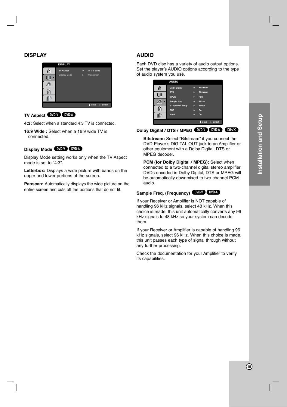 Installation and setup, Display, Audio | LG DVB418 User Manual | Page 15 / 36