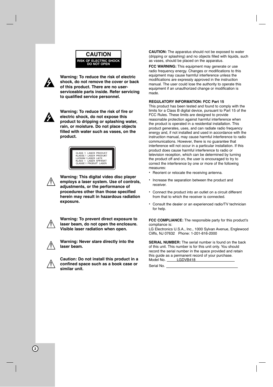 Caution | LG DVB418 User Manual | Page 2 / 36