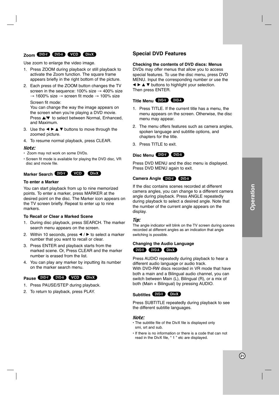 Operation, Special dvd features | LG DVB418 User Manual | Page 21 / 36