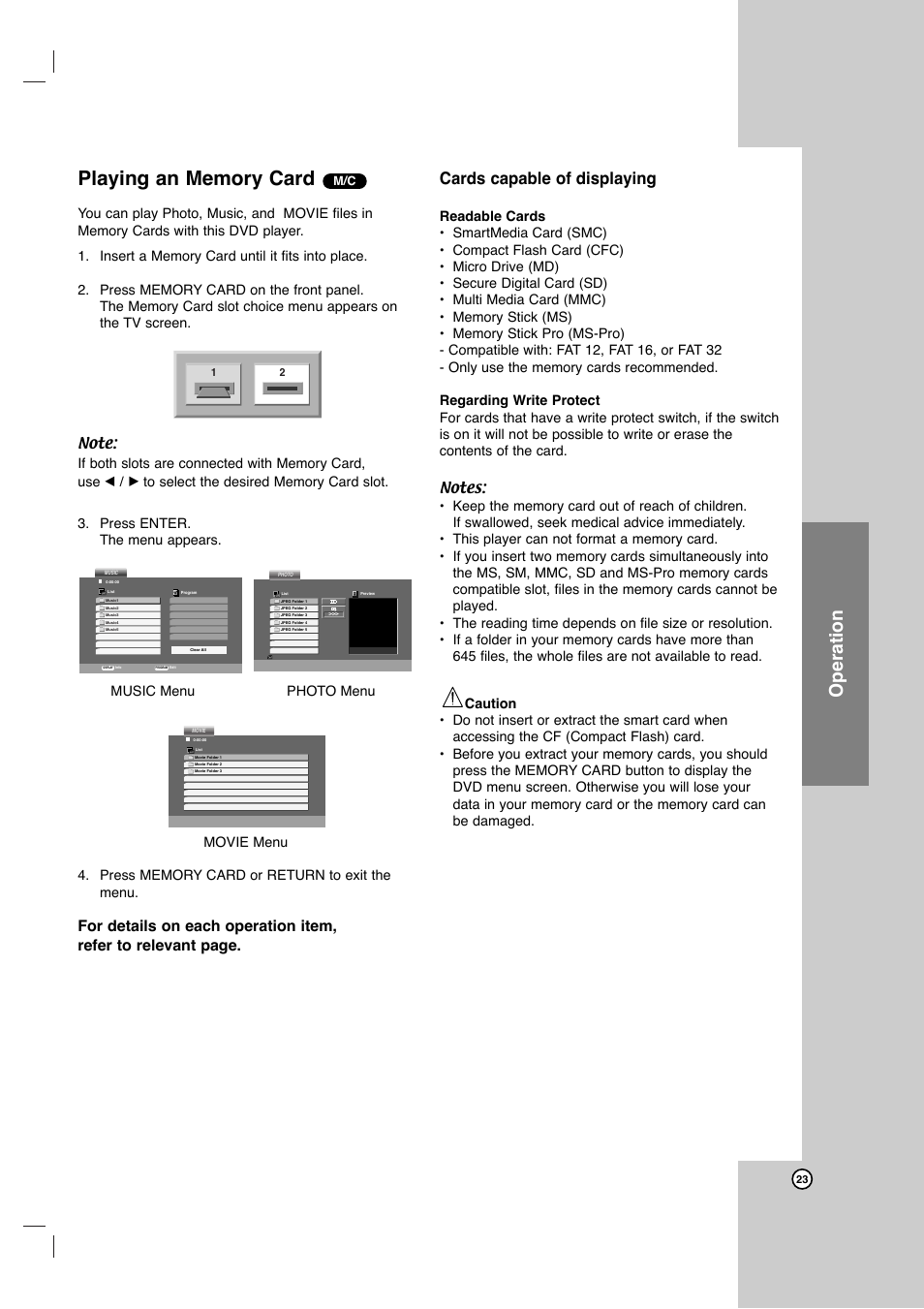 Operation, Cards capable of displaying | LG DVB418 User Manual | Page 23 / 36