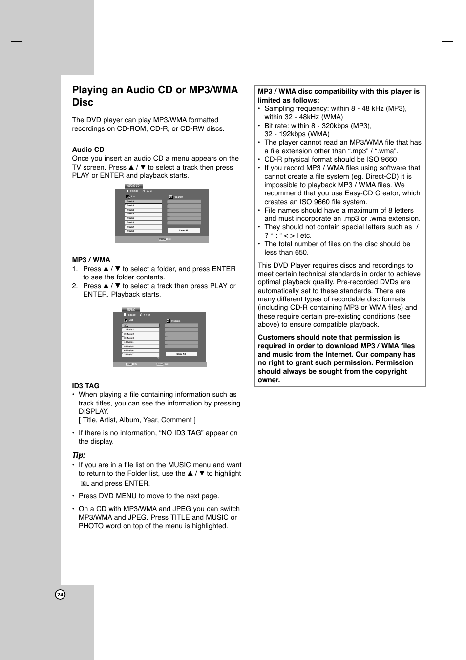 Playing an audio cd or mp3/wma disc | LG DVB418 User Manual | Page 24 / 36