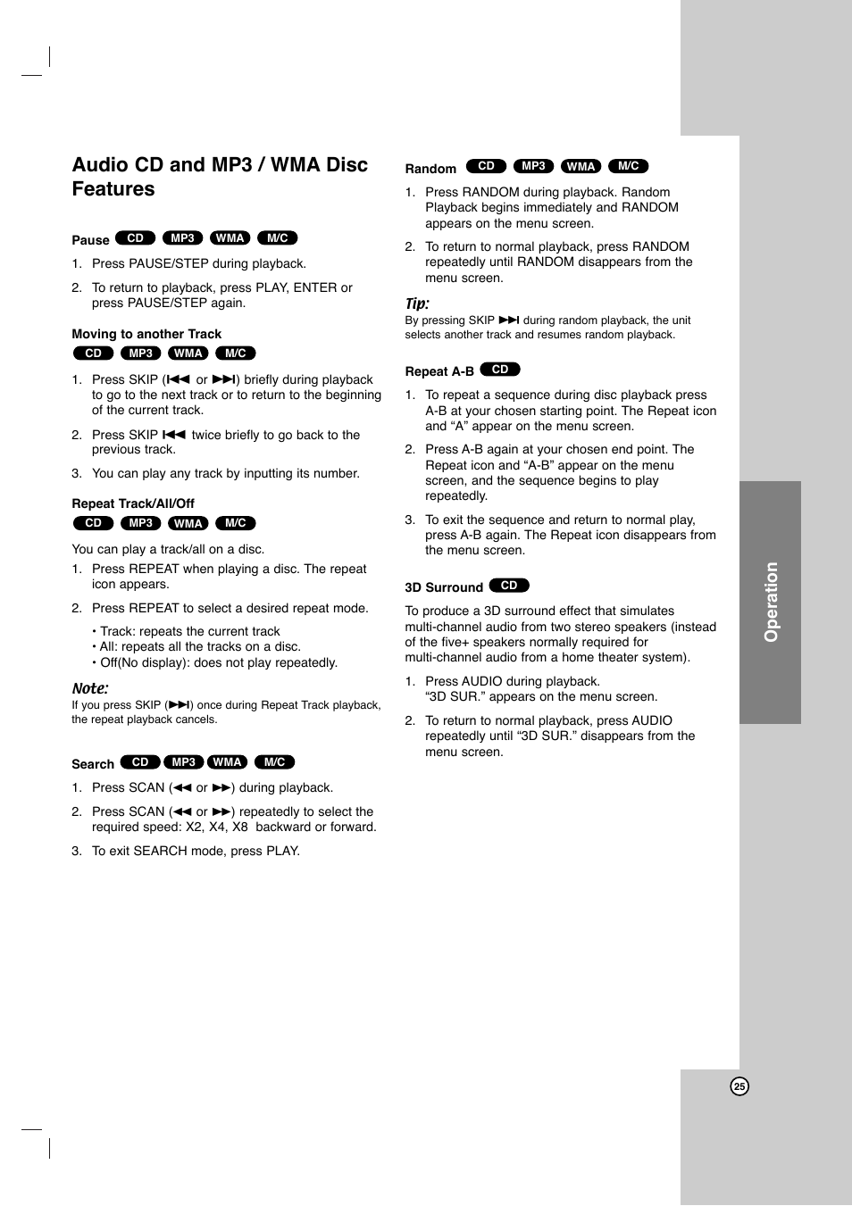 Audio cd and mp3 / wma disc features, Operation | LG DVB418 User Manual | Page 25 / 36