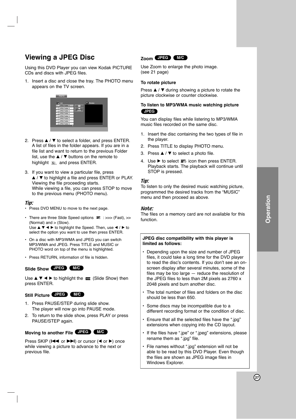 Viewing a jpeg disc, Operation | LG DVB418 User Manual | Page 27 / 36