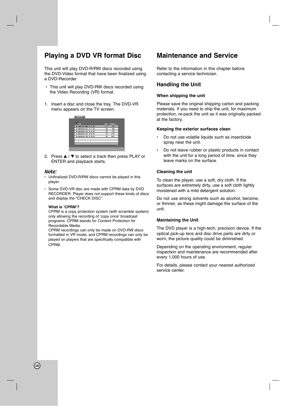 Playing a dvd vr format disc, Maintenance and service | LG DVB418 User Manual | Page 28 / 36